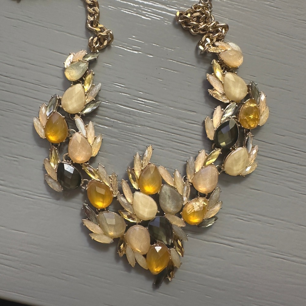 Statement Gem Necklace Gold Tone Chunky Gold Olive Green Rhinestone Bib Collar